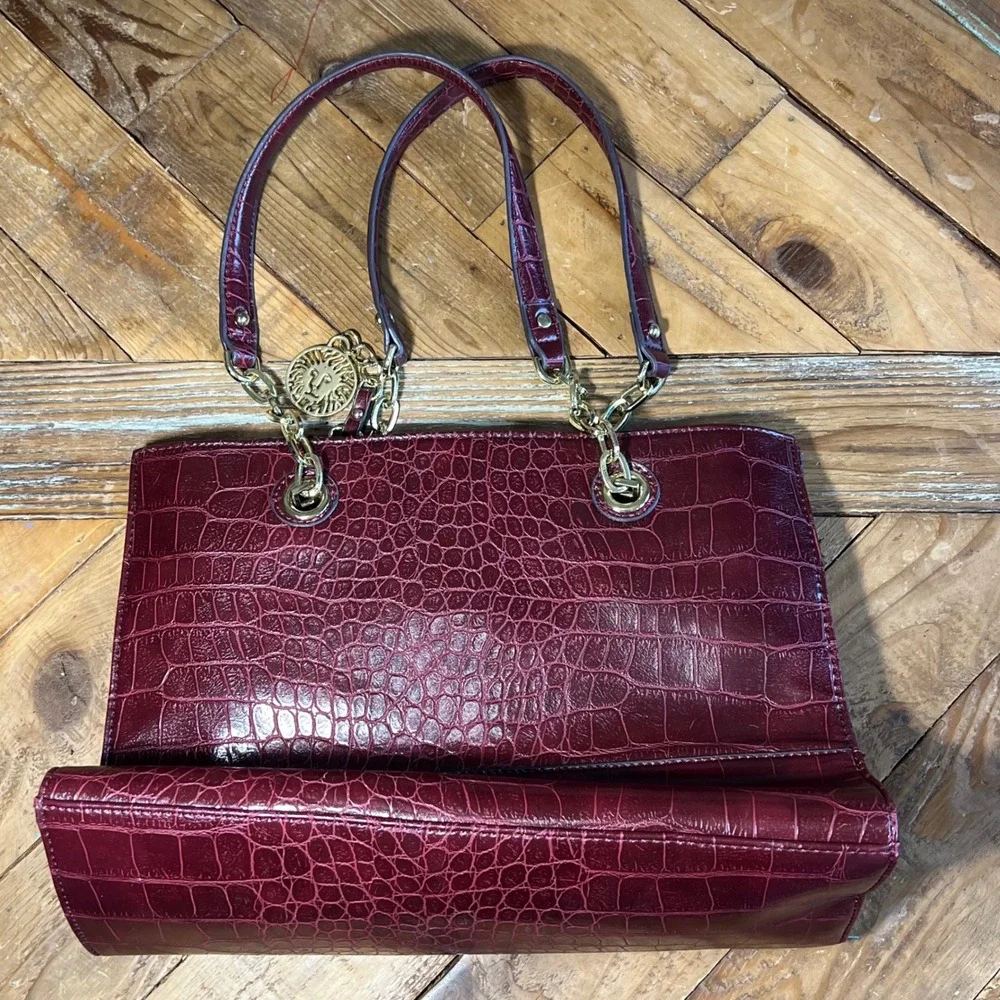 Anne Klein Burgundy Croc Embossed‎ Satchel Shoulder Bag Lion Charm